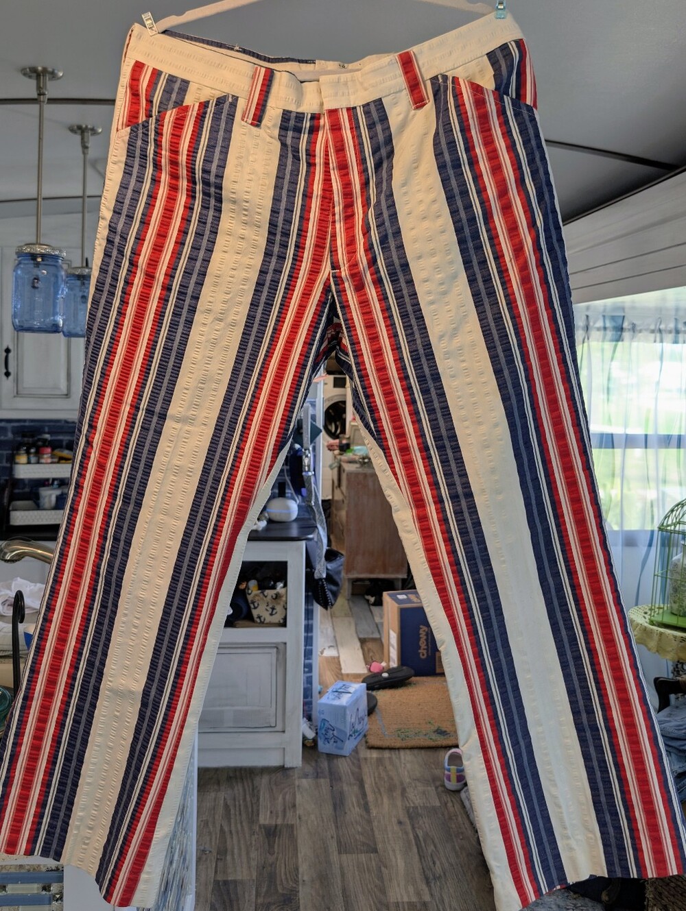 Vtg 70s Farah Striped Flared Pants 38x28 Mod Hippie Red White Blue Hook Clasp